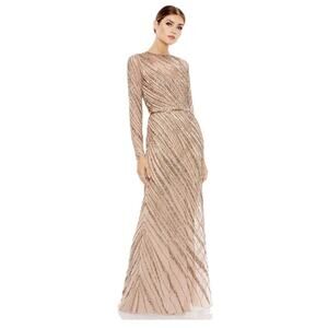Mac Duggal Blush Nude Sequin Embellished Long Sleeve Maxi Gown.